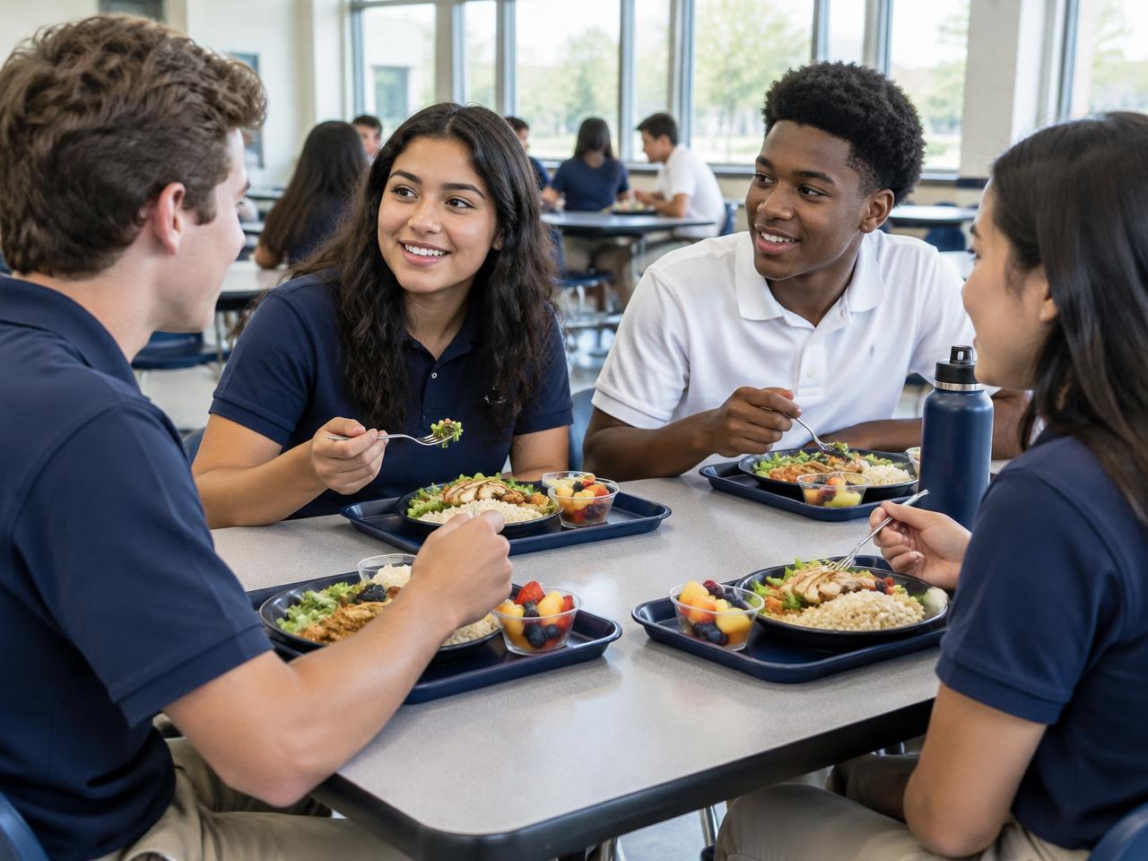 Teenage charter school students in uniforms enjoying lunch