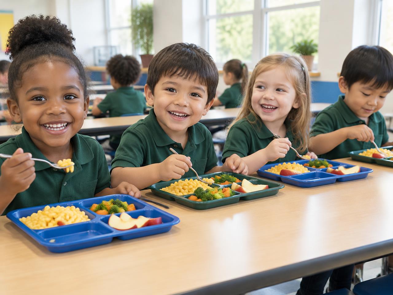 Preschool children in green uniforms enjoying lunch together